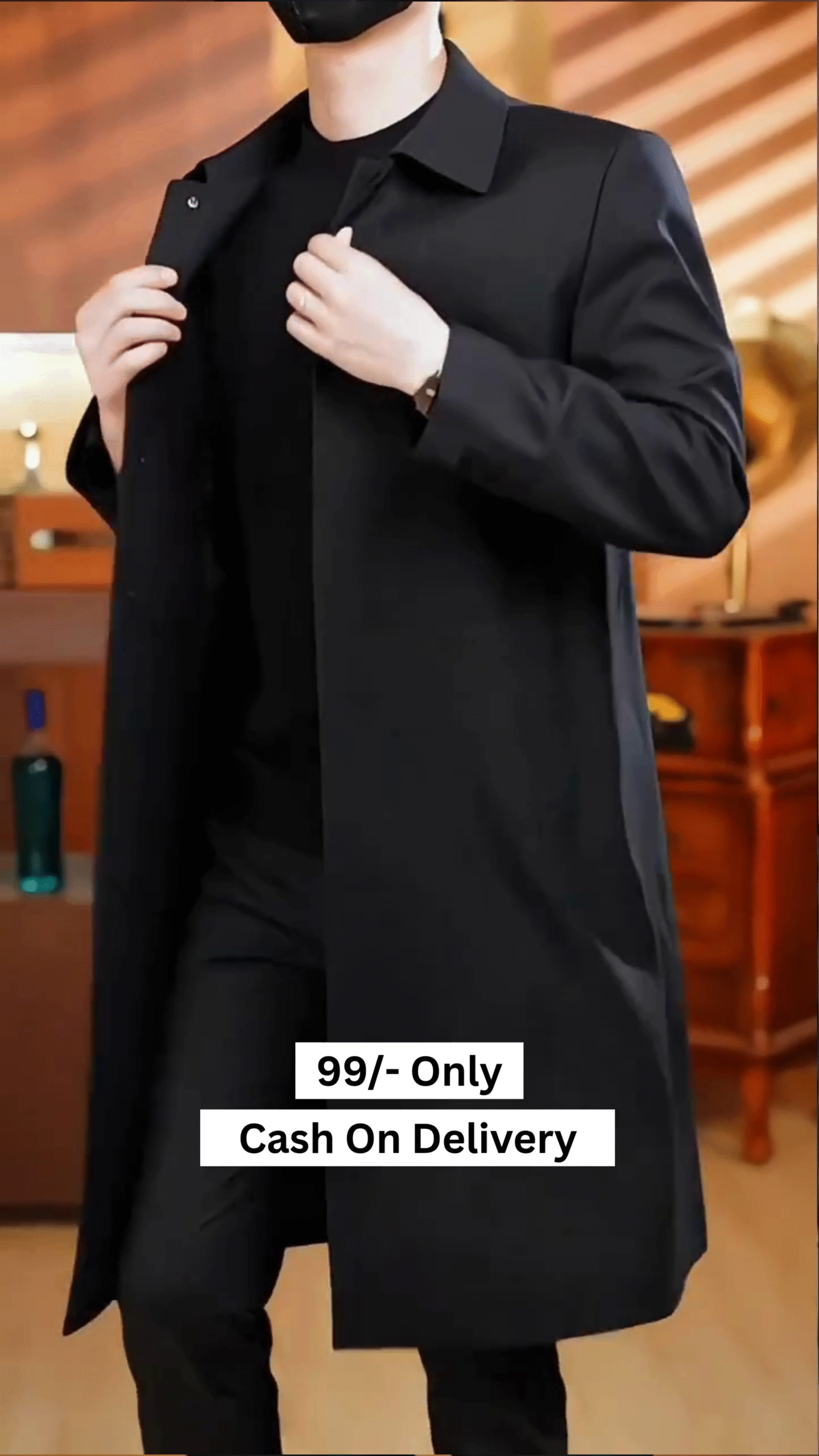 Men's Casual Trench Coat Slim Fit Notched Collar Long Jacket Overcoat Single Breasted Pea Coat wih Pockets - Image 4