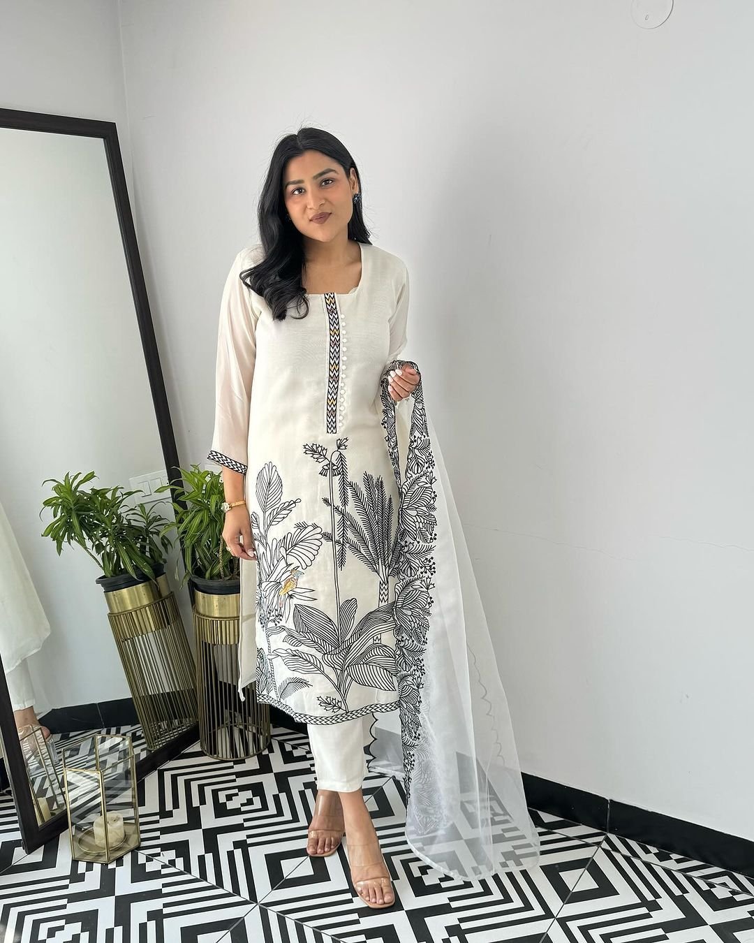 Womens Beautiful White Pure Cotton Aliya Cut Embroidered Kurti/Gown With Pant and Dupatta Set - Image 2