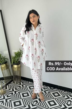 White Hand Block Print Mughal short cotton cord set best for summer