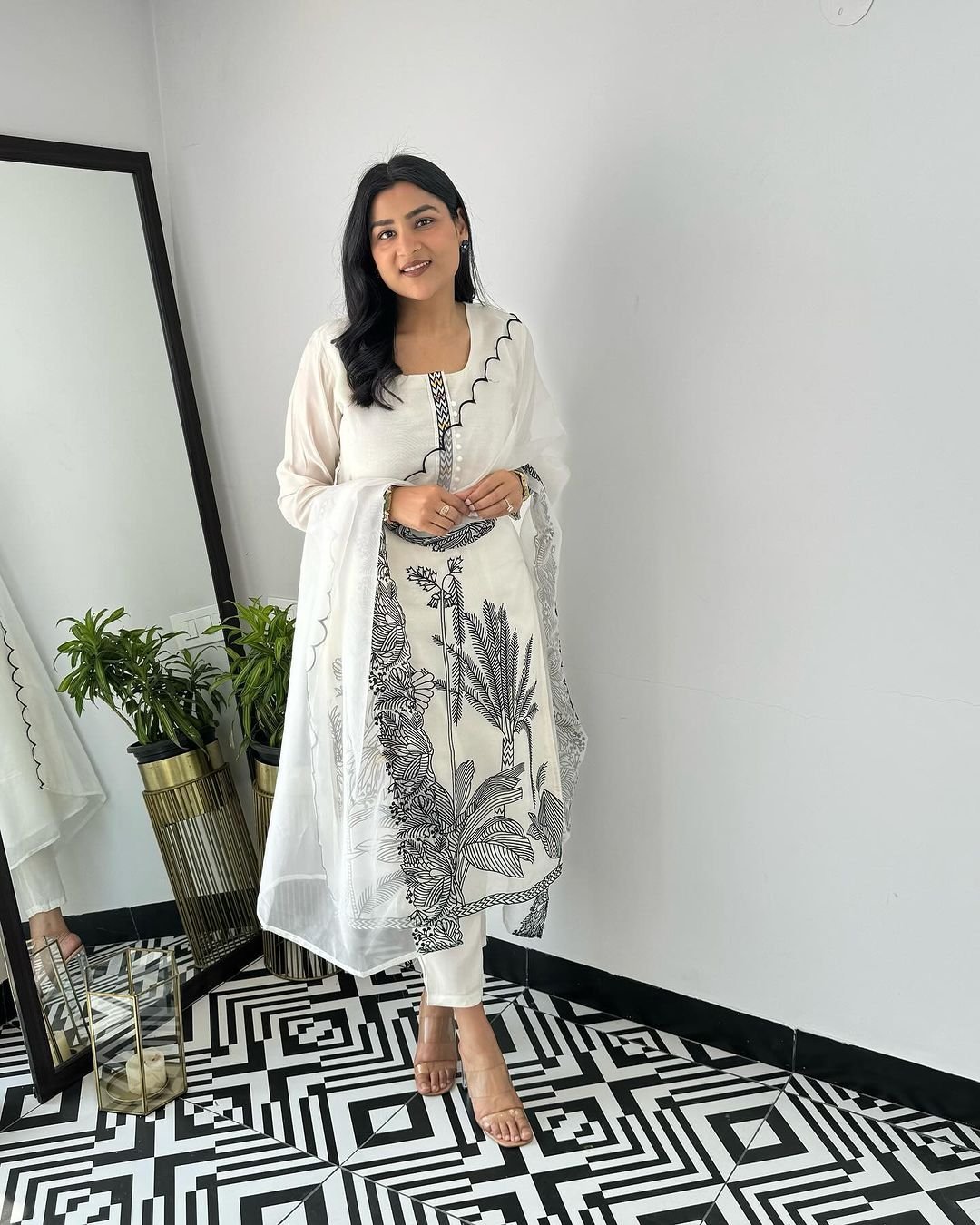 Womens Beautiful White Pure Cotton Aliya Cut Embroidered Kurti/Gown With Pant and Dupatta Set - Image 3