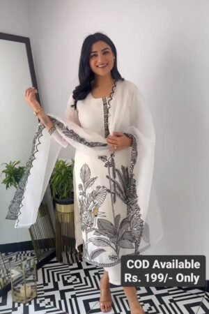 Womens Beautiful White Pure Cotton Aliya Cut Embroidered Kurti/Gown With Pant and Dupatta Set