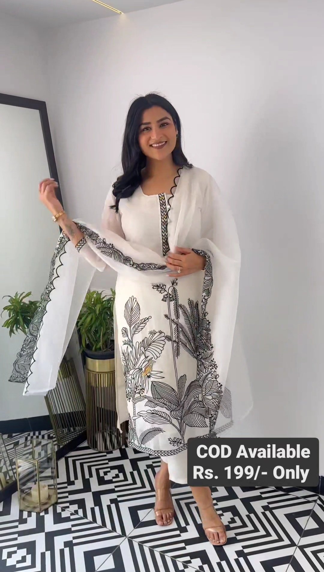 Womens Beautiful White Pure Cotton Aliya Cut Embroidered Kurti/Gown With Pant and Dupatta Set