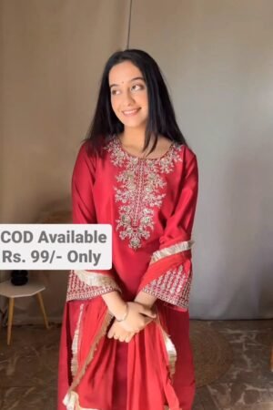 Red Chinnon Silk embroidered Pretty Women Kurta Sets in Red, Pista, Grey