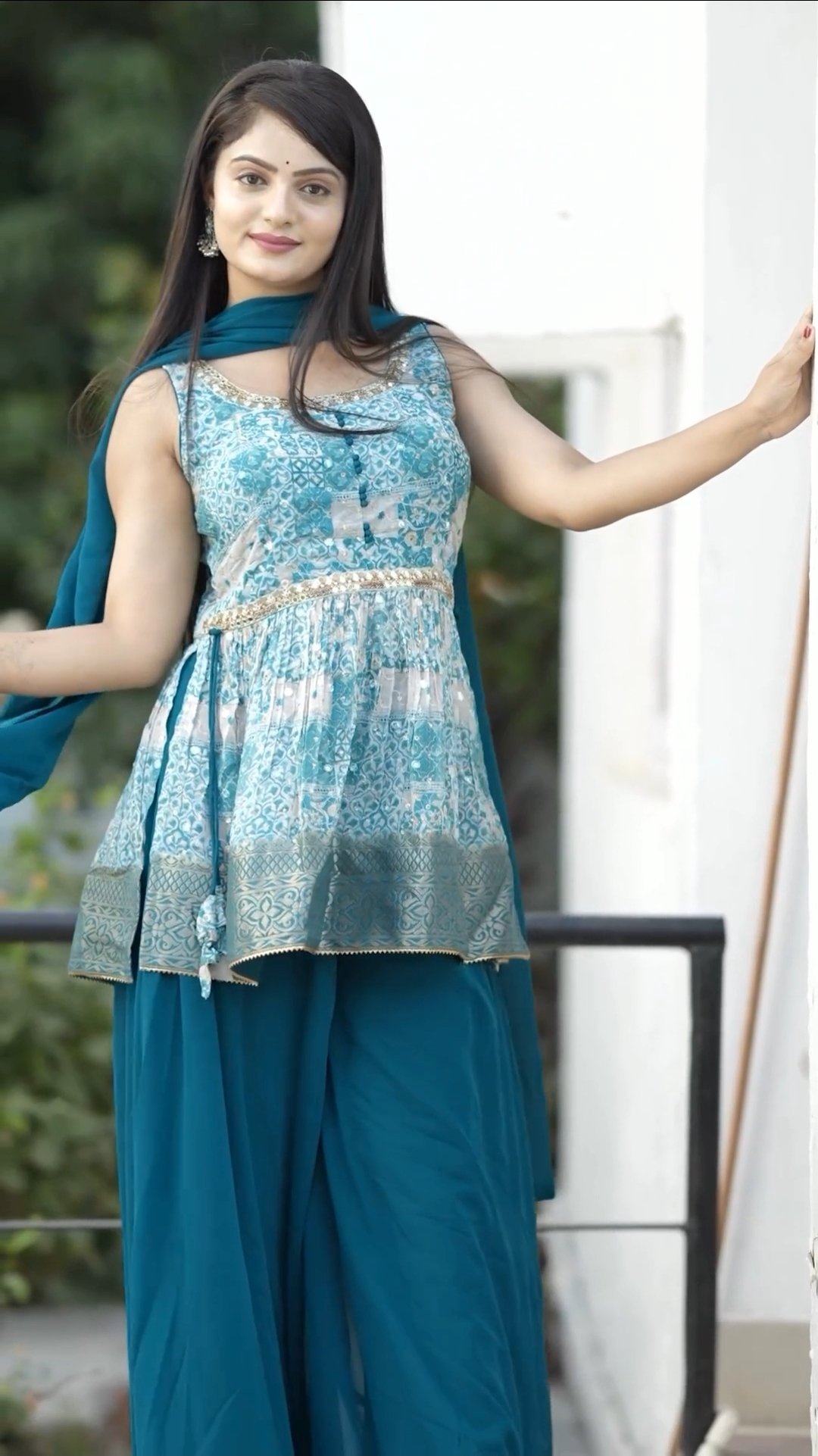 Blue partywear embroidered salwar with palazzo pant - Image 2