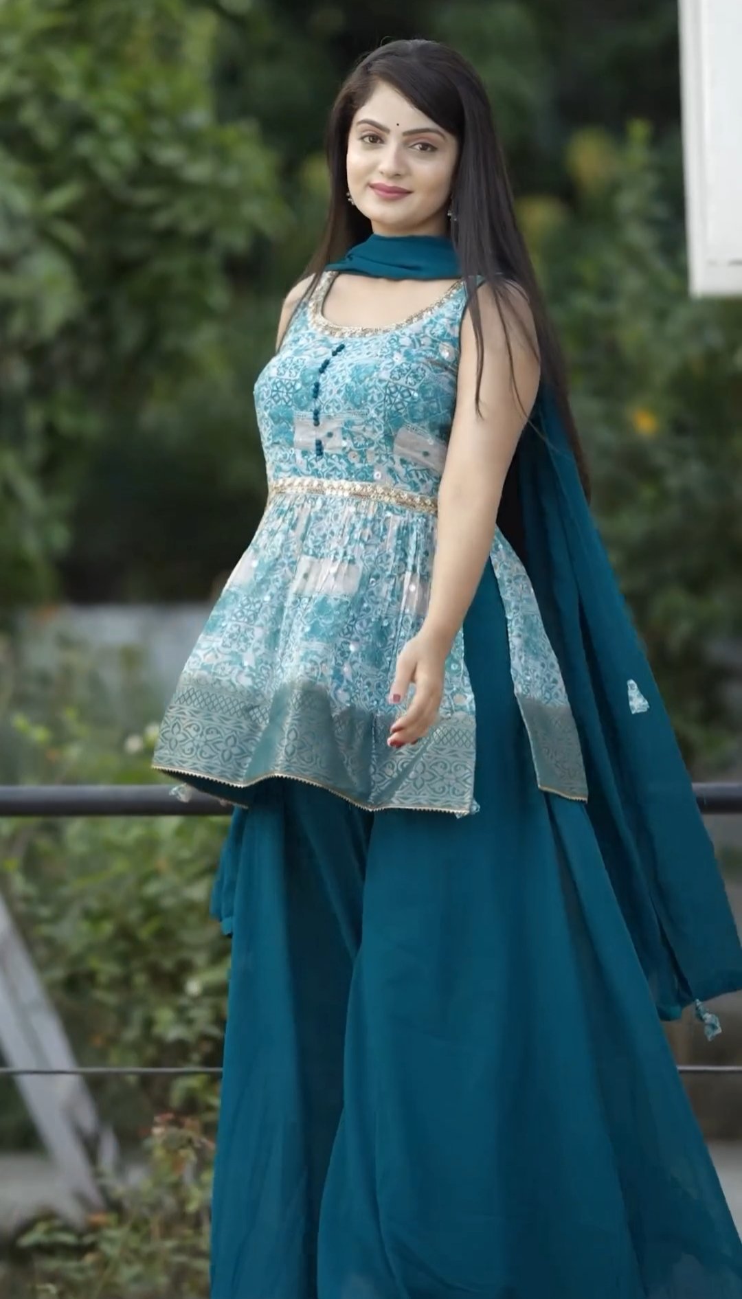 Blue partywear embroidered salwar with palazzo pant - Image 3