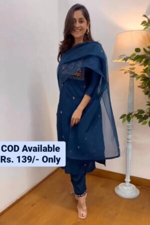 Beautiful Blue Hand Embroidered Gotta work Cotton Salwar Suit On Sale