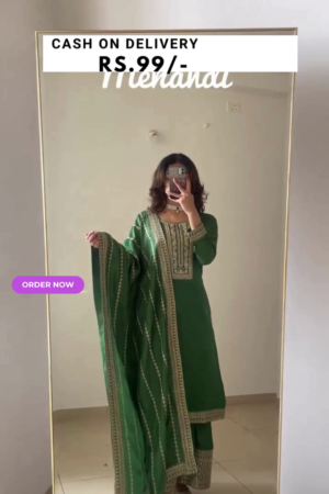 Green Embroidered Silk Blend Straight Kurta With Palazzos & Dupatta