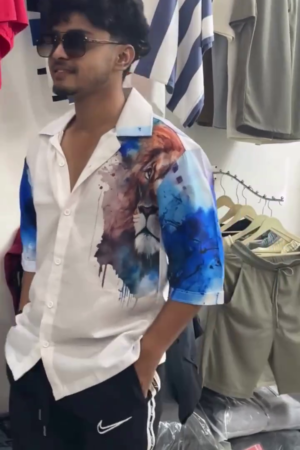 Men White Printed Casual Shirt with Bold Lion Artwork and Artistic Blue Sleeves