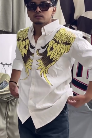 Men White Printed Casual Shirt with Front & Back Graphic Design for Trendy Street and Party Wear