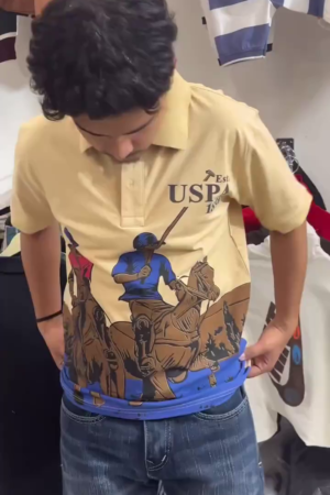 Men Beige Graphic Print Polo T-Shirt with Horse Rider Artwork for Casual and Street Style Wear