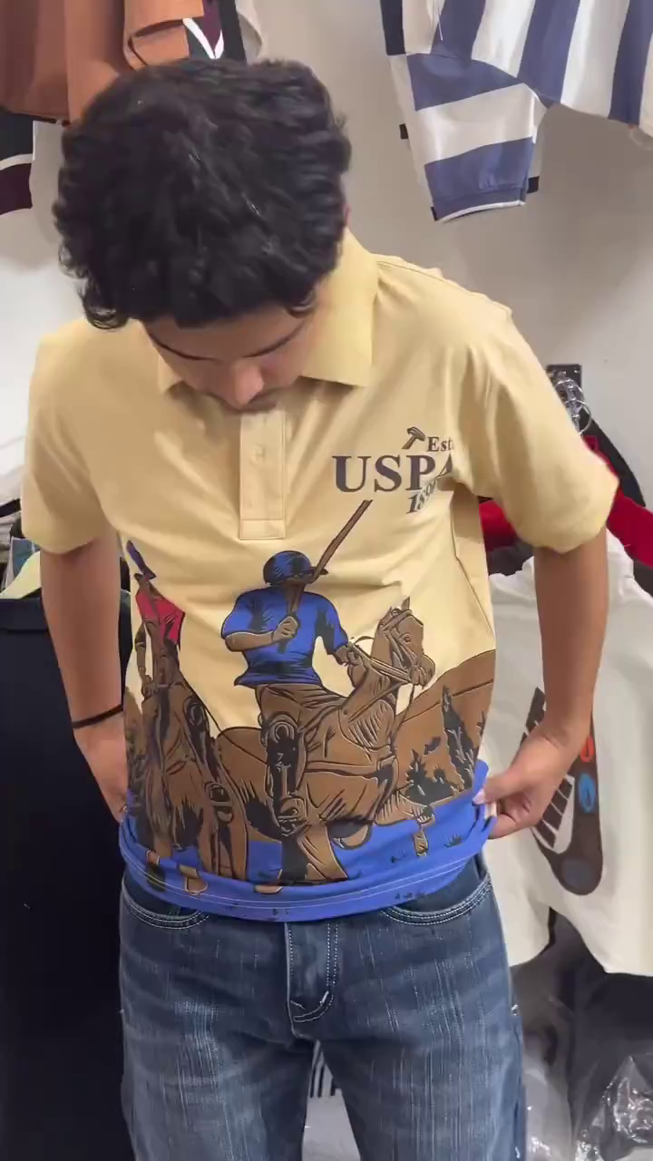 Men Beige Graphic Print Polo T-Shirt with Horse Rider Artwork for Casual and Street Style Wear