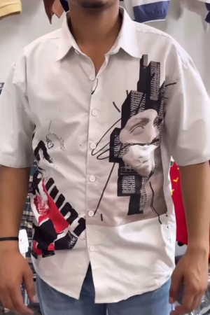 Men White Abstract Graphic Print Short Sleeve Casual Shirt with Artistic Front & Back Design